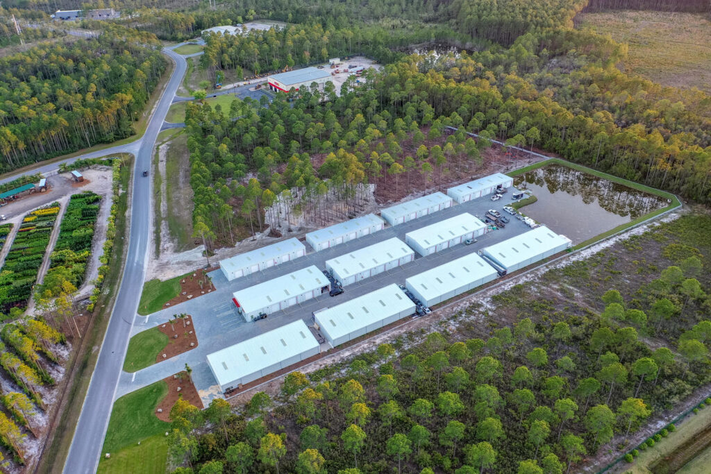 Overhead view of our storage facility in Panama City Beach, FL. We have PCB self-storage units and parking spaces.